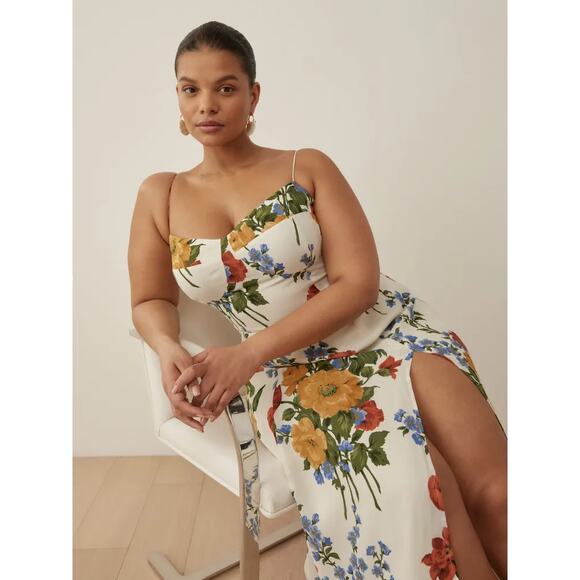 Reformation Juliette Dress Midi Tie Straps Side Slit Smocked Back Formosa Size 2 - Picture 4 of 12